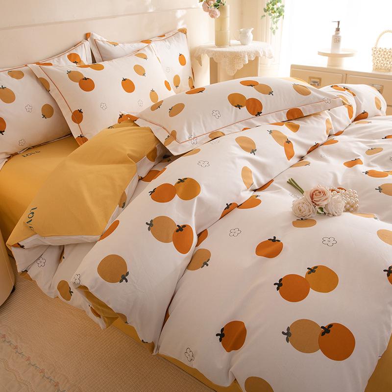 Fresh Orange 100% Cotton Four-Piece Bedding Set - Duvet Cover & Bed Sheet for Student Dorms and Homes