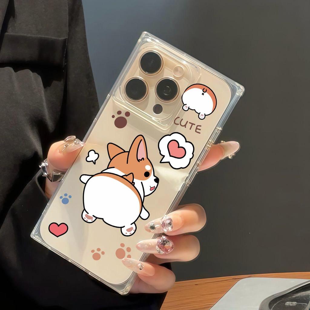 Square Back Tube Protection Clear Case For iPhone 12 11 16 ProMax 14 Pro Max 13 15 Plus Anti-Oxygen,Love Dog Pattern Casing