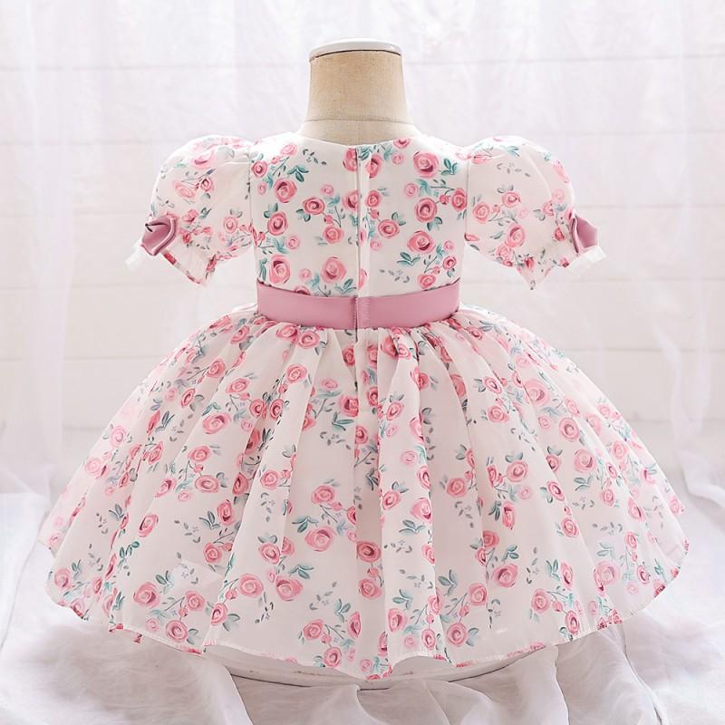 Baby Girls Formal Dress Floral Print Puff Sleeve Tulle Gown Birthday Party Wedding Events