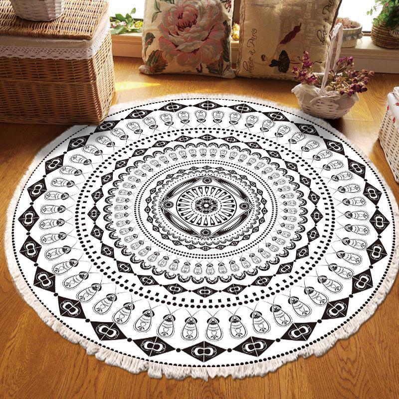 Nordic Cotton and Linen Home Leisure Non-slip Fringed Printed Round Carpet Living Room Floor Mat Bedroom Bedside Blanket