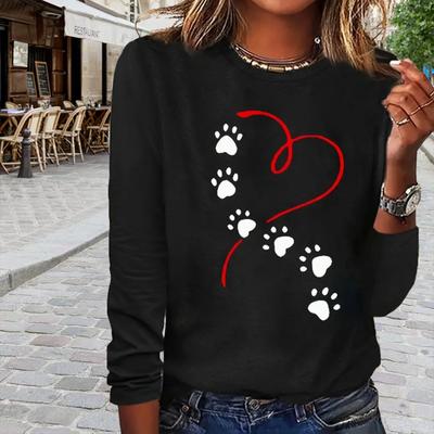 Tops For Women Heart and Footprints Print Round Neck Long Sleeve T-shirt Fall Casual Slim Pullover Women's Long Sleeve Top