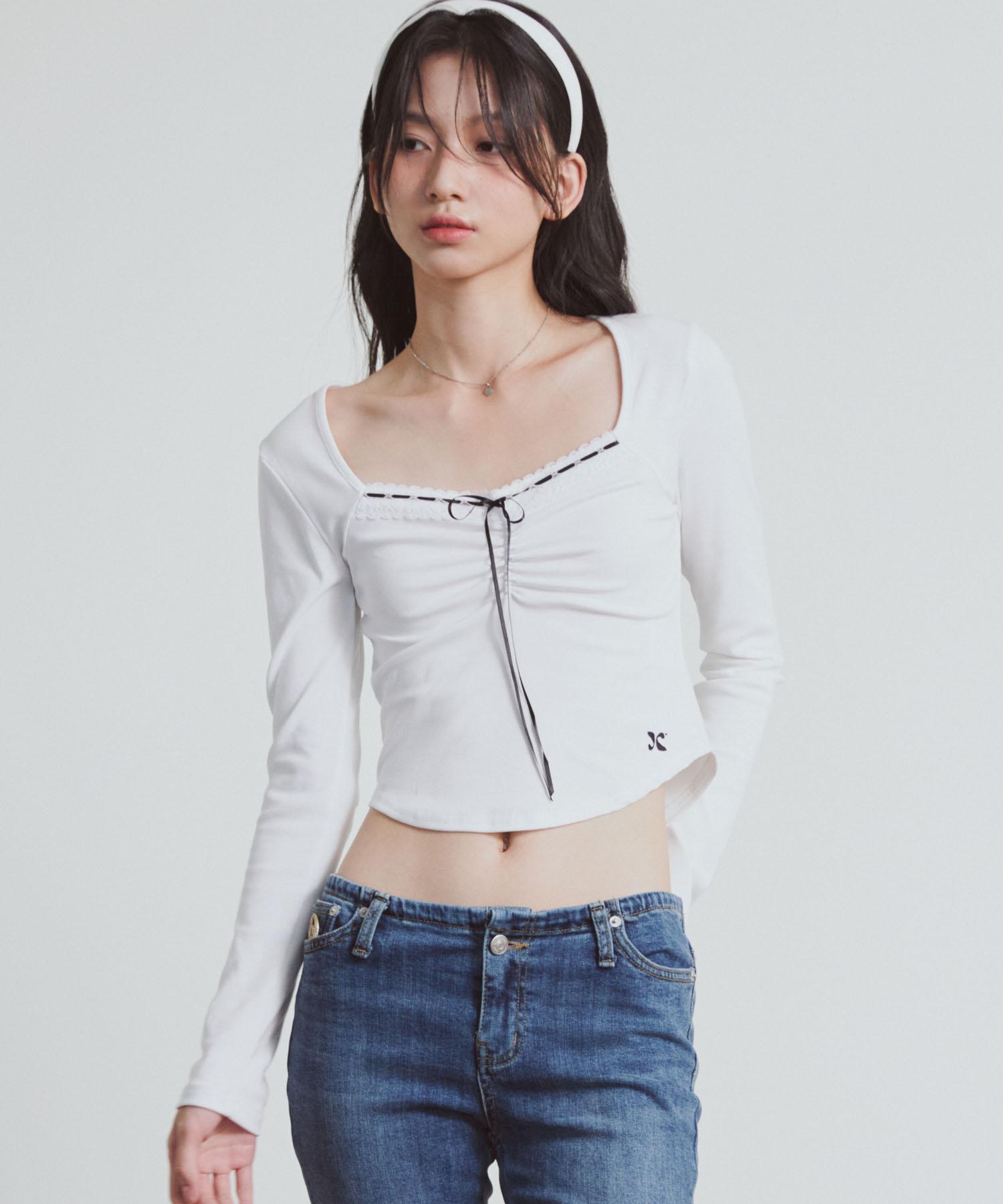 Etosome Lace Shirred Square Neck Long Sleeve (Off-White)
