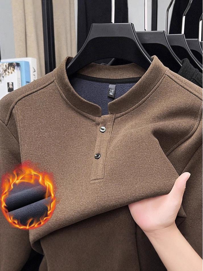 Men's Stand Collar Fleece T-shirt: Chinese Style, Long Sleeve, Thickened Velvet, Warm Casual Sweatshirt for Autumn/Winter.