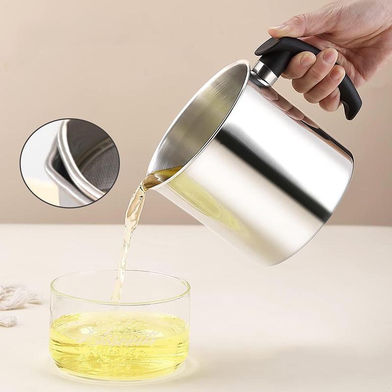 1.4L Bacon Grease Container with Fine Mesh Strainer Stainless Steel Oil Container Can Oil Filter Pot Kitchen Oil Storage Can