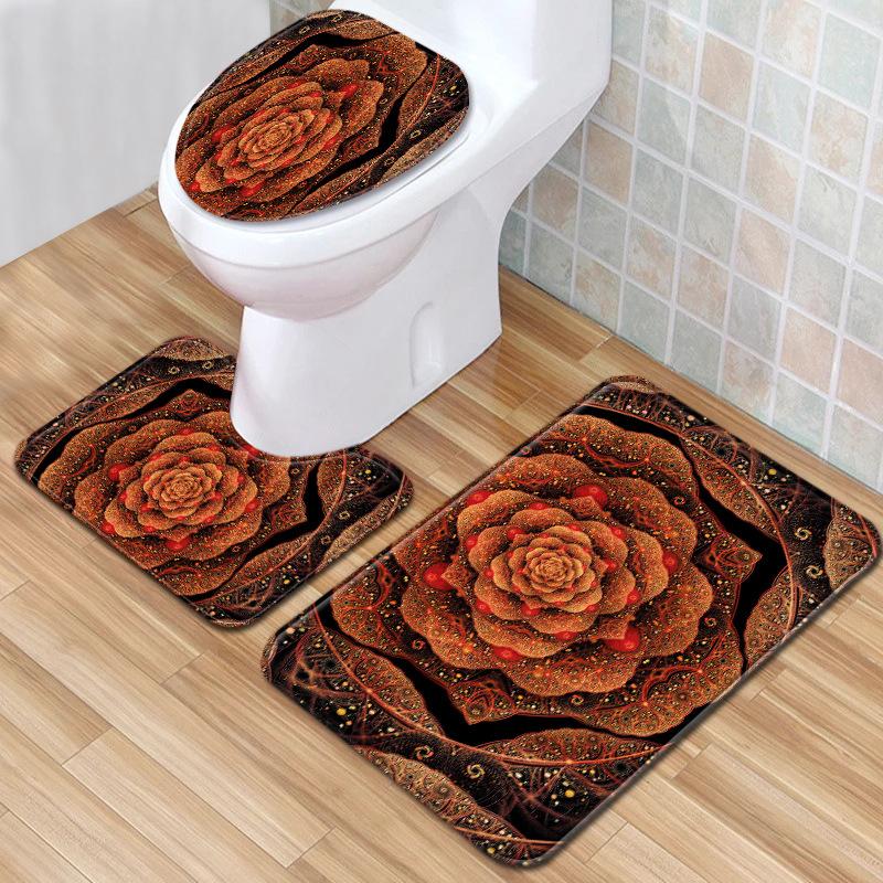 Cool Flower Pattern Bathroom Floor Mat Toilet Three-Piece Set
