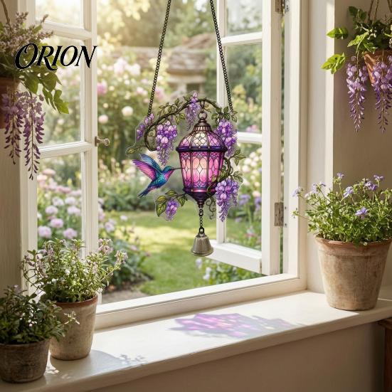 Weatherproof Hanging Decoration Vintage Lantern Bird Flower Ornament, Stained Glass Acrylic Window Squirrel Decor, Door with Bell Ornament