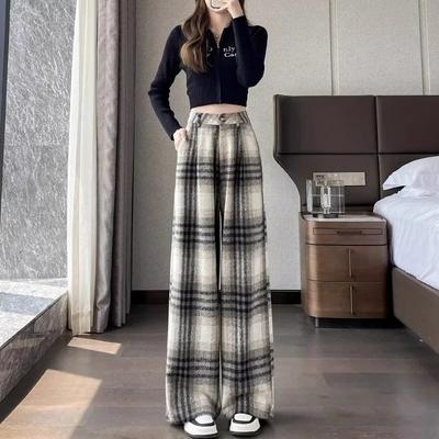 Velvet Retro Woolen Plaid Wide-leg Pants for Women with High Waist Slim Casual Straight-drum Floor Trousers