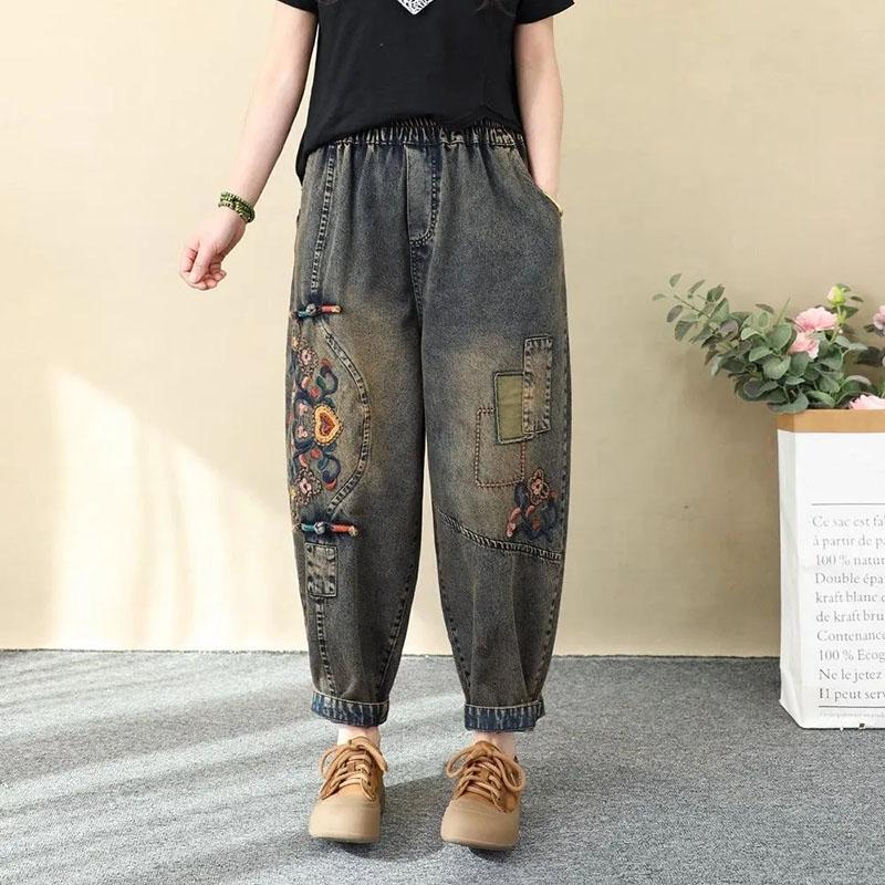 Pantaloni de Bumbac Vară Femei Mărimi Mari Pantaloni Jeans Largi Versatili Casual cu Talie Înaltă Pantaloni Largi de In