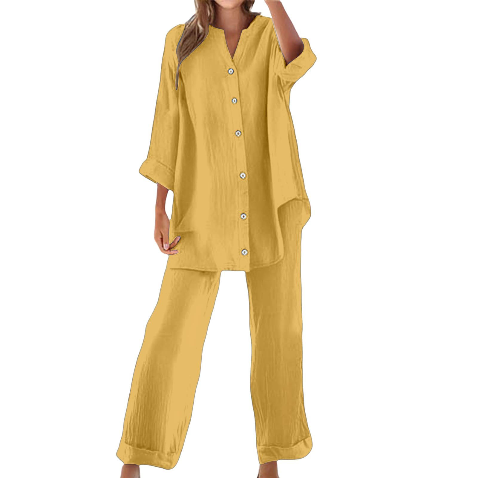 

Women s Fashion Button-Down Casual Oversized Shirt Two-Piece Set XL жовтий