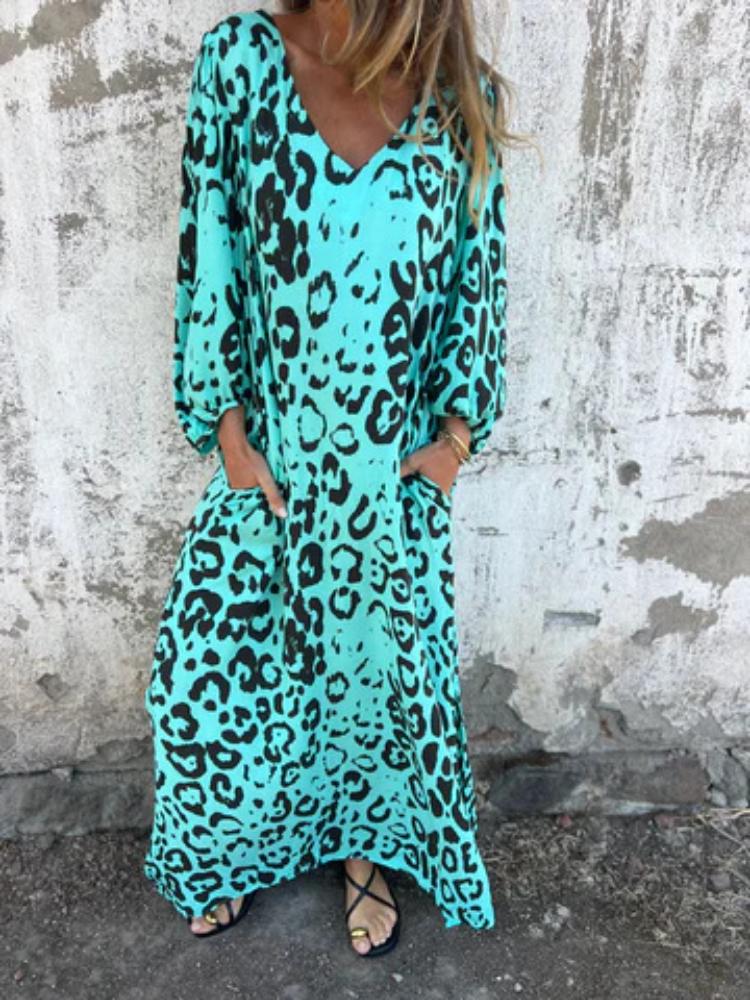 Women's Long Sleeve V-Neck Loose Fit Leopard Print Maxi Dress with Pockets, Multiple Colors & Patterns