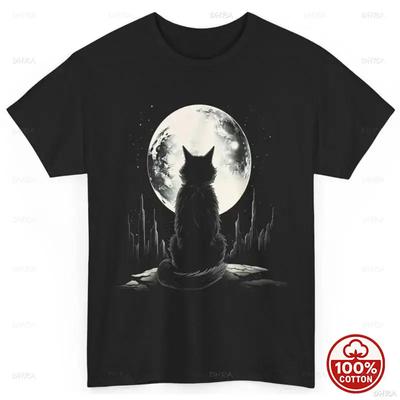 Mystical Black Cat Sitting Under Full Moon Night Landscape Graphic TShirt Unisex Cotton Gothic Aesthetic Casual Short Sleeve Tee