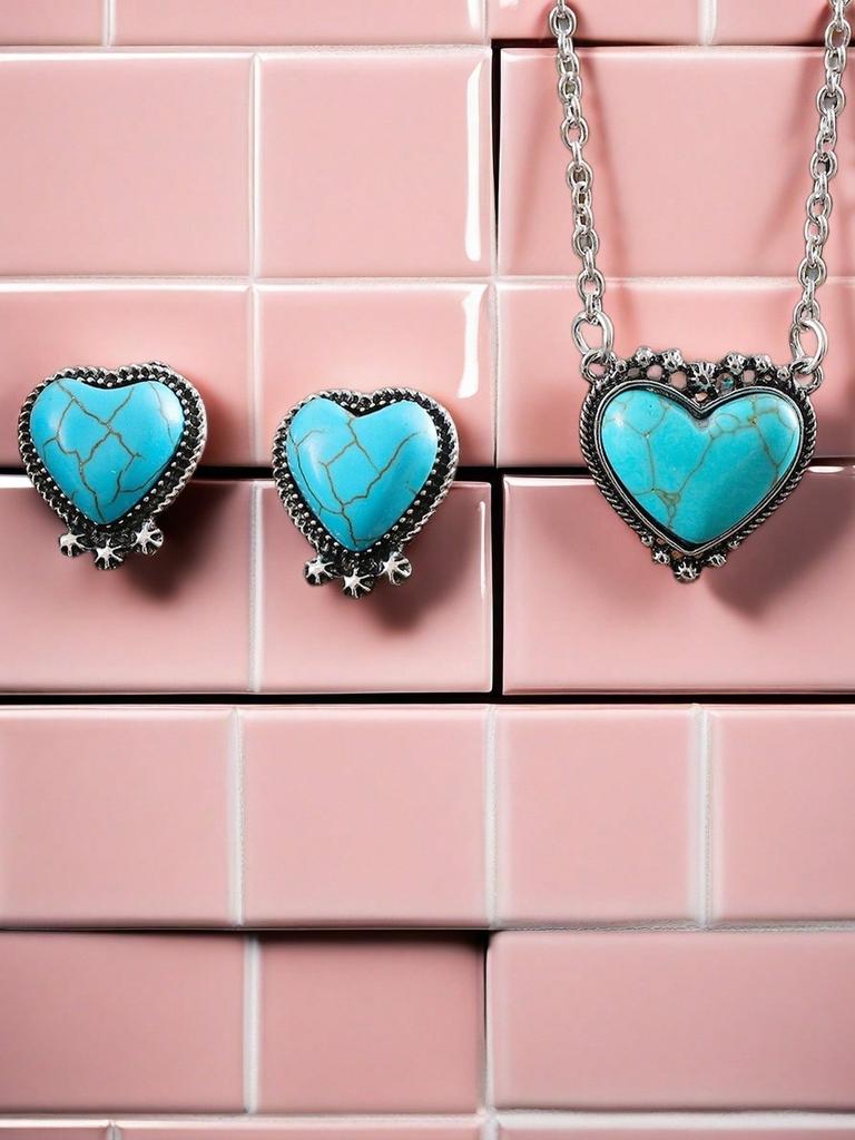 3-teiliges Western Bohemian Herz Türkis Schmuckset, Vintage Halskette und Ohrringe für Damen, Einzigartiges Valentinstagsgeschenk Für