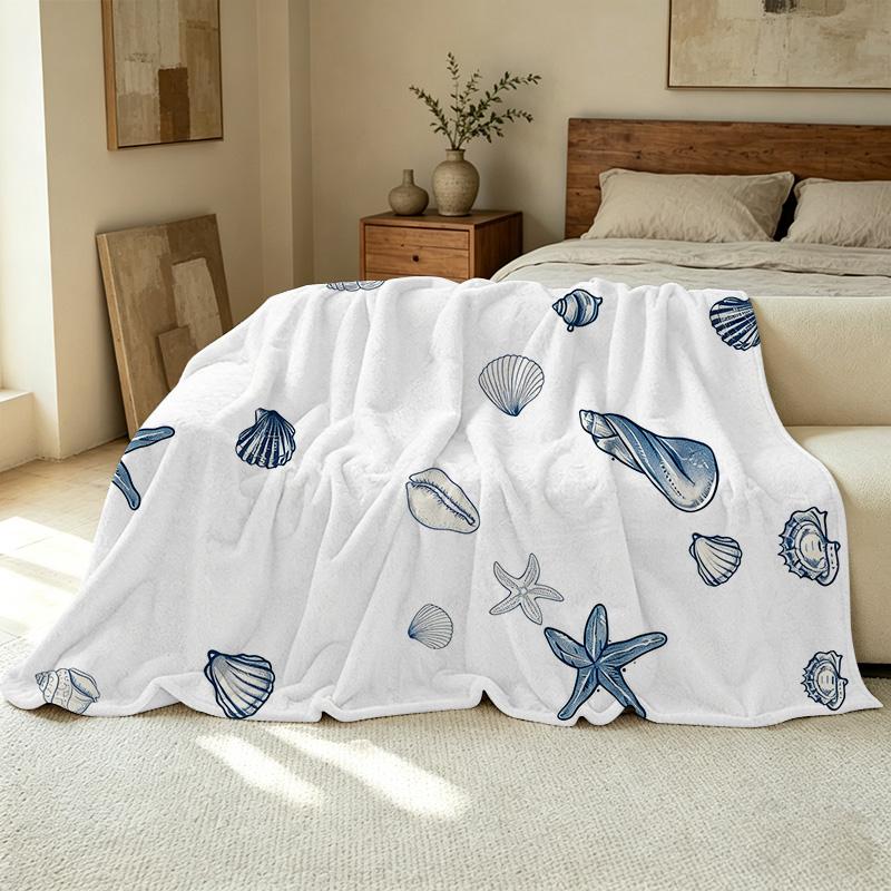 Multifunctional Non-Shedding Flannel Blanket, Ocean Shell & Starfish Pattern, Soft Warm Throw for Sofa, Bed, Cozy Home Use, Christmas & Halloween