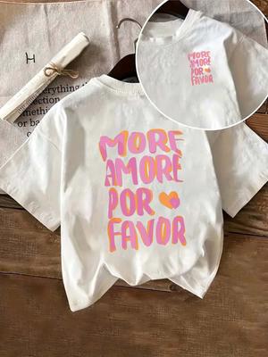 MORE AMORE POR FAVOR Womens Casual Short Sleeve Crew Neck TShirt Pink Print with Hearts Harajuku Short Sleeve Casual