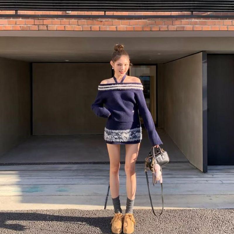 Za Export New Arrival Women's Clothing ZR Fashion Style Fashion off-Shoulder Lace-up Halterneck Sweater Knitted Hip Skirt Suit