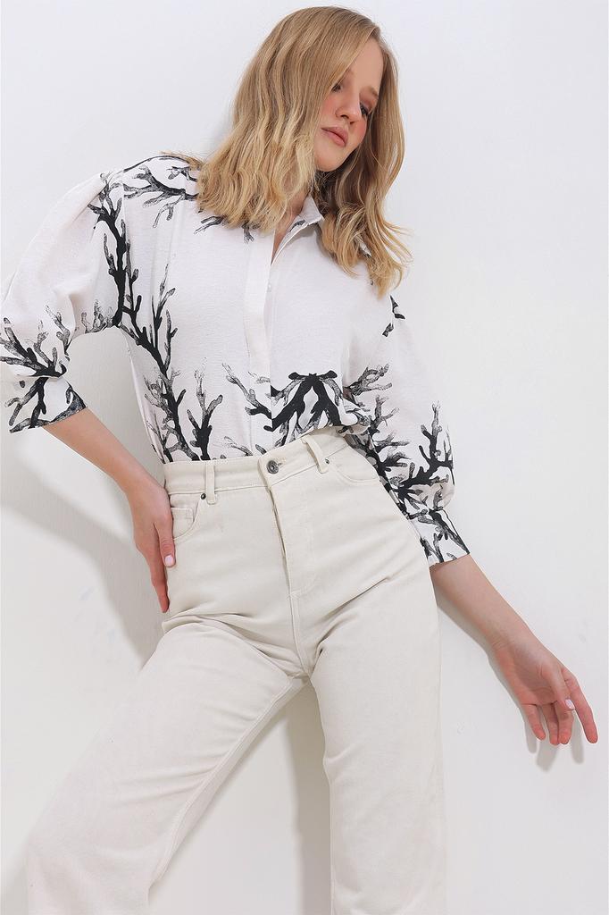 Women's Shirt New Season Fashion Black Branch Pattern Balloon Sleeve Hidden Placket Linen Shirt