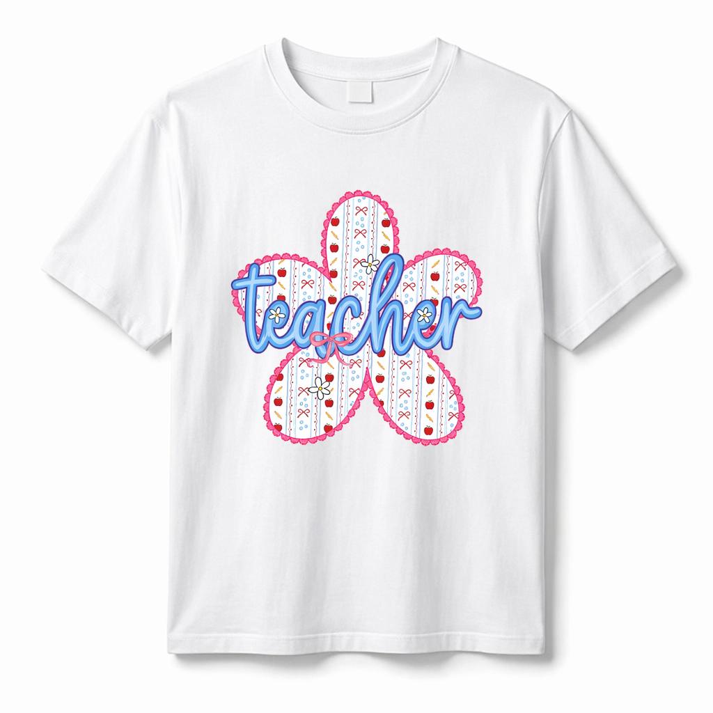 Female Teacher Flower Pattern Tshirt Cute Printed Soft Cotton Tshirt Back To School Teacher Appreciation Gift Casual Top