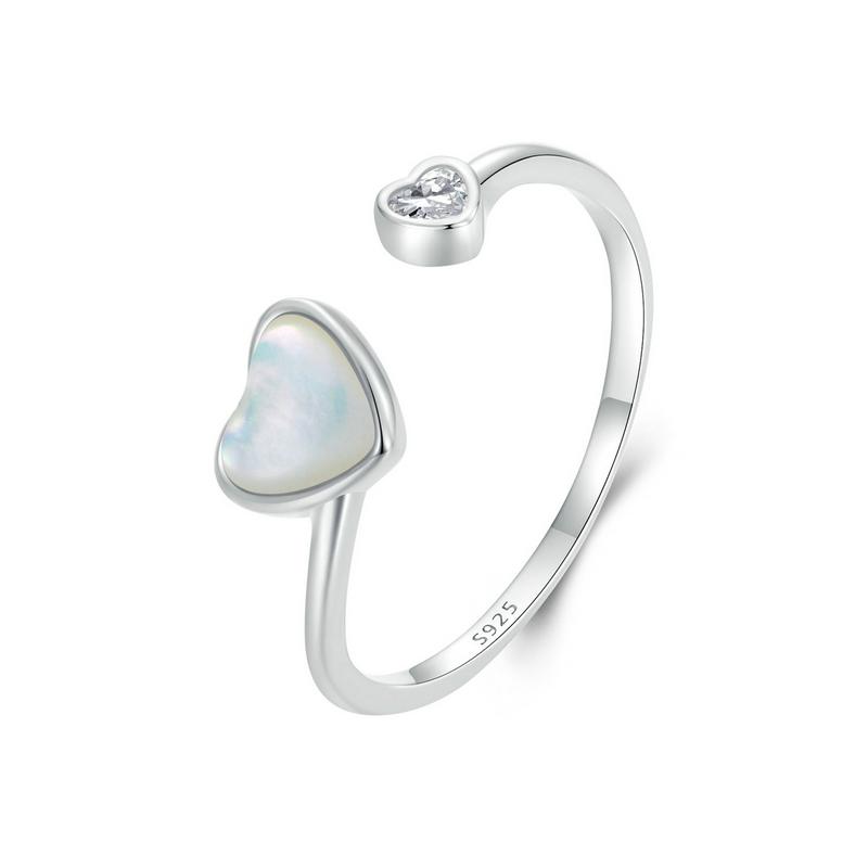 WOSTU 925 Sterling Silver Creative Double Heart Opening Ring For Women Natural White Shell Rings Handmade Jewelry Party Gift