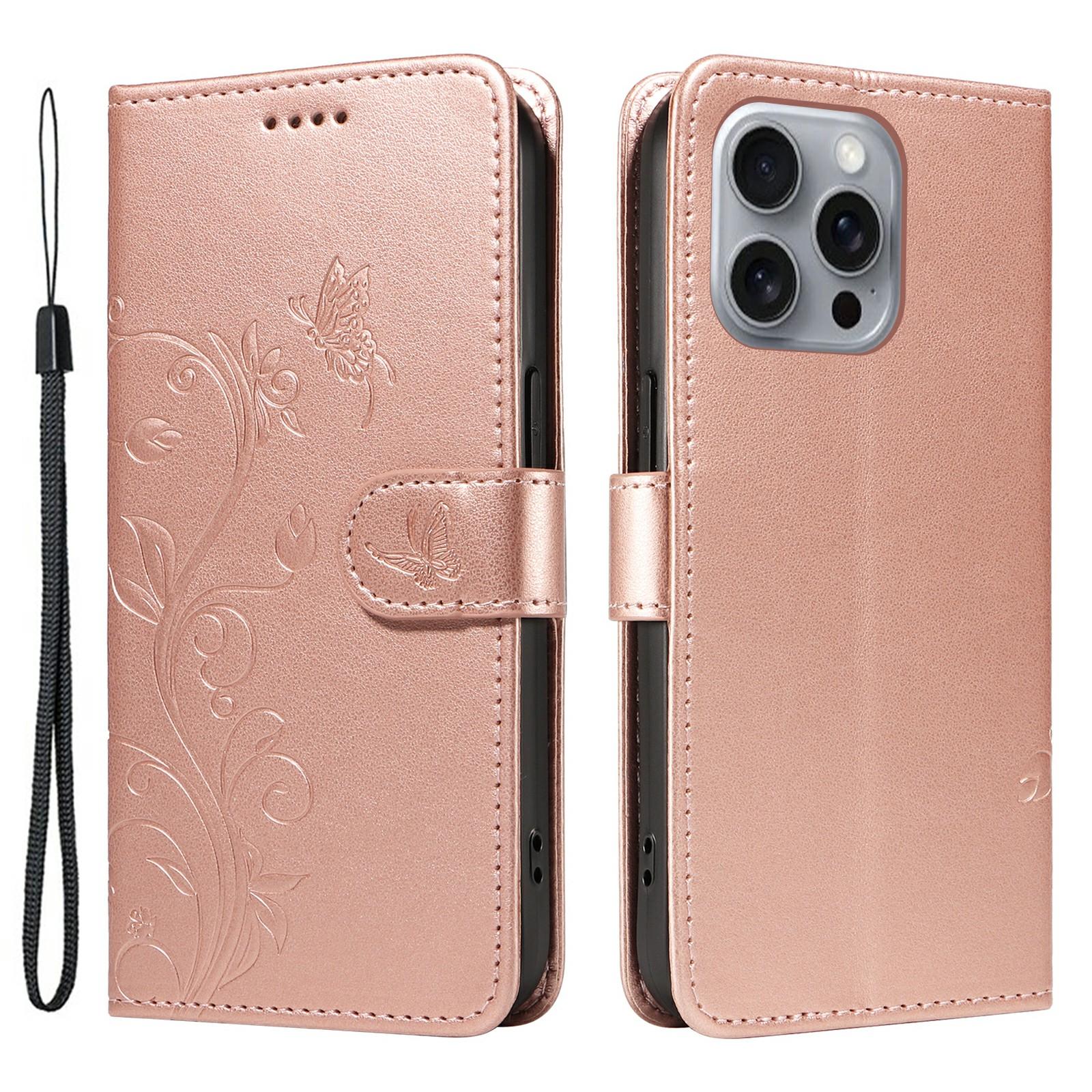 

For iPhone 16 Pro Max PU Leather Cases Flower Pattern Wallet Stand Phone Cover with Strap Rose Gold