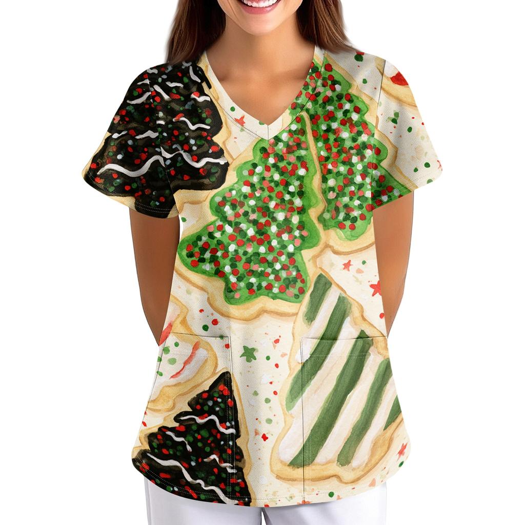 Women's Christmas Print Loose Fit V-Neck Short Sleeve Scrub Top with Pockets for Work