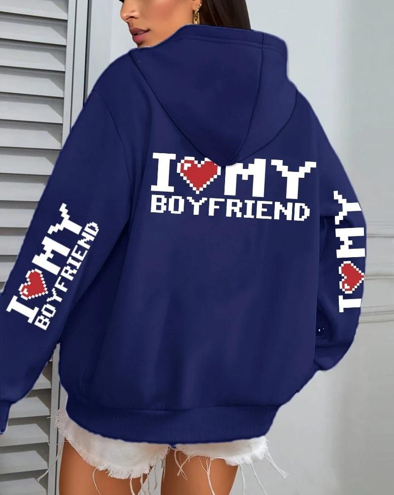I Love My Boyfriend Printed, Women'S Hoodie Fall Loose Casual Pocket Fleece Pullover