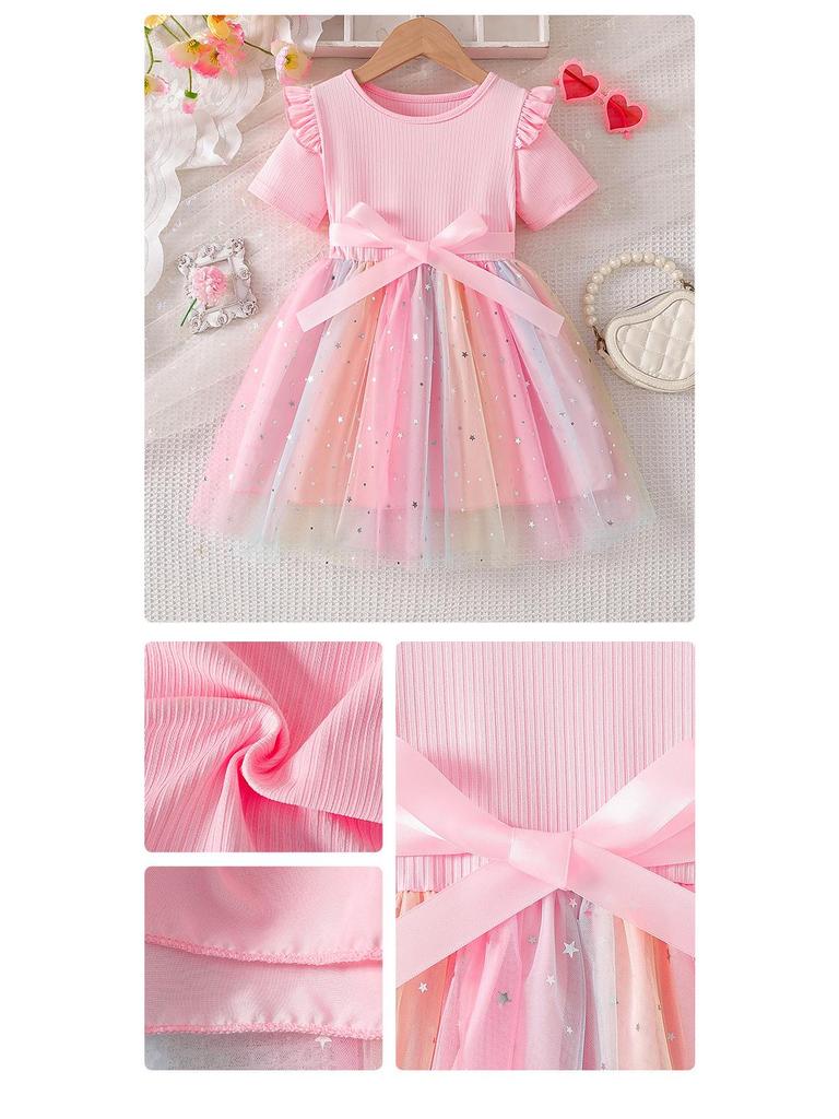 2025 Summer Girls' Gradient Mesh Bow Dress - Short Sleeve Princess Style