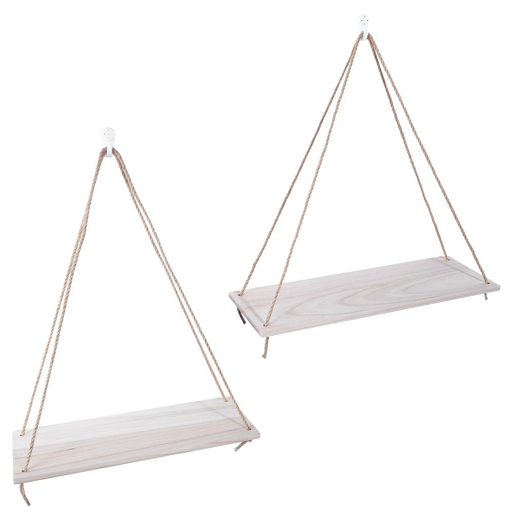 2pcs Wooden Wall Storage Rack Sling Rope Hanging Plant Flower Pot Shelves Home Decorations