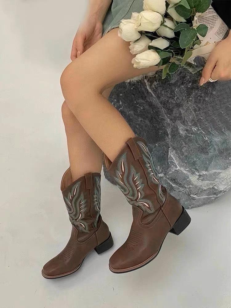 Square head mid-tube western cowboy boots versatile rough heel summer Martin boots retro embroidered knight boots women
