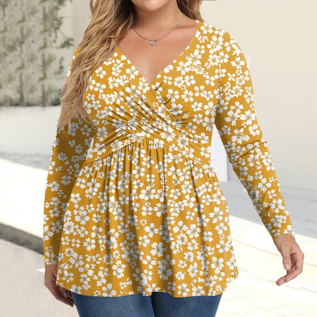 Dámská košile plus size s dlouhým rukávem, potisk, plisovaný ležérní top s výstřihem do V