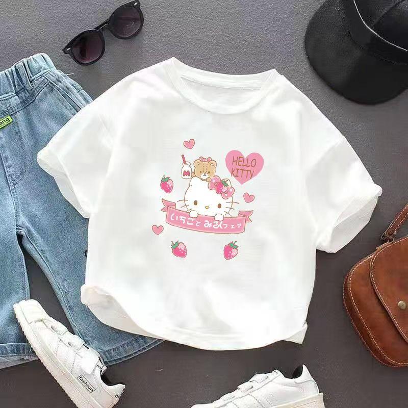 

Sanrios 2026 Summer New Design HelloKitty Graffiti Cartoon Print Pure Cotton Breathable Childrens ShortSleeved TShirt S