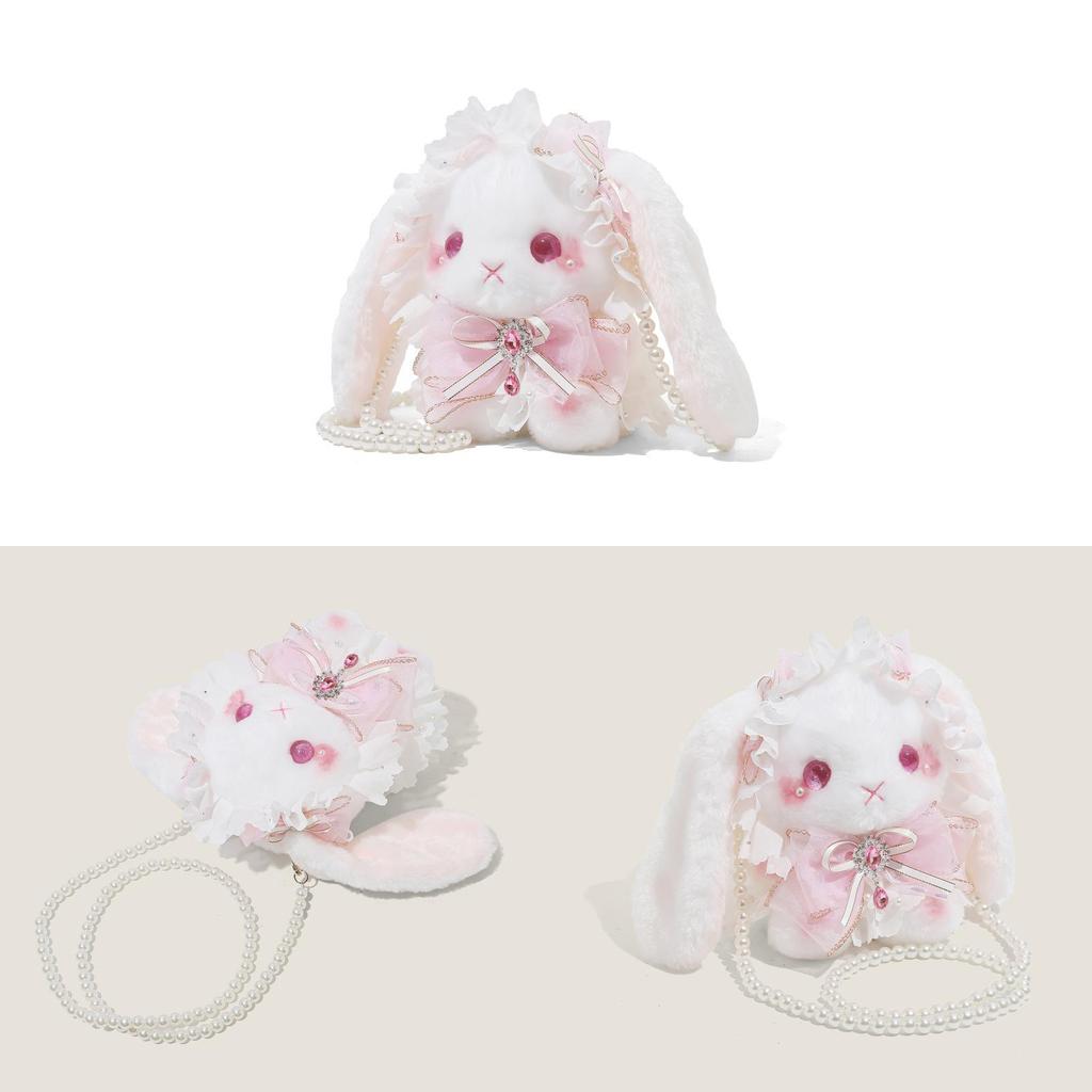 Lolita Plush Rabbit Bag With Artificial Pearls And Bow Decor For Casual Travel And Gift For Girls