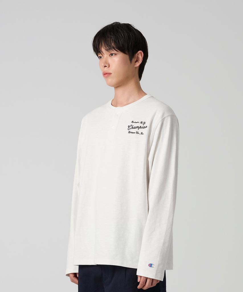 CHAMPION Heritage Loose Fit Henley Neck Long Sleeve T-Shirt White
