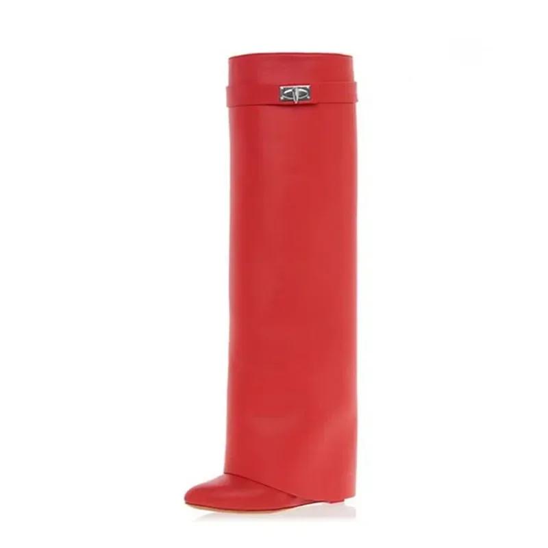 Elegant High Heel Mid-Calf Boots with Metal Buckles for Formal Banquets, Stylish Riding Boots for Women, Chunky Heel Dress Boots