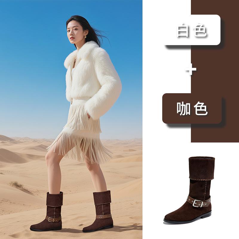 Retro stacking boots 2025 autumn and winter new thick heel buckle western cowboy british style knight boots casual boots