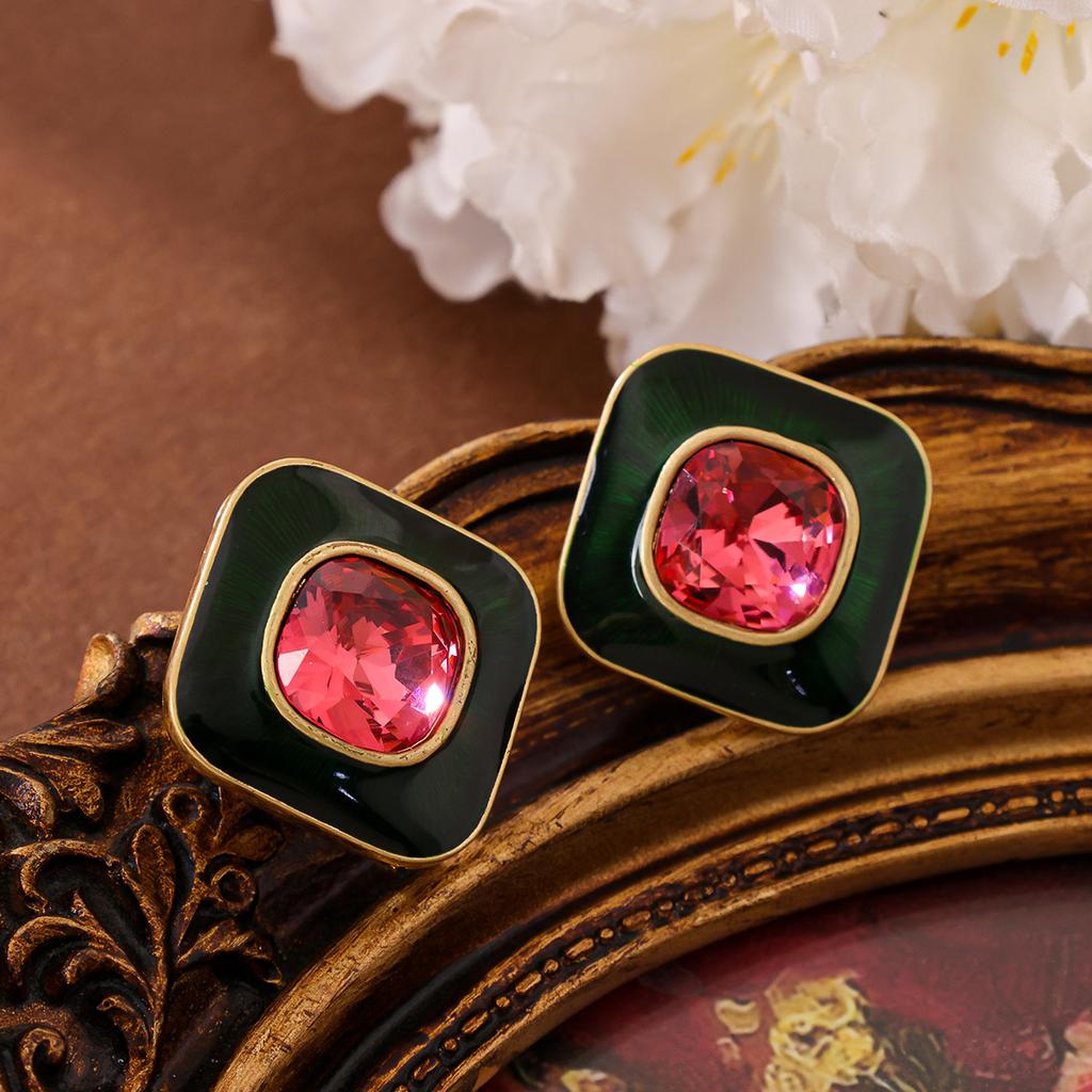 Medieval Fashion Geometric Block Enamel Inlaid Gemstone Necklace Bracelet Earring Temperament Set Jewelry