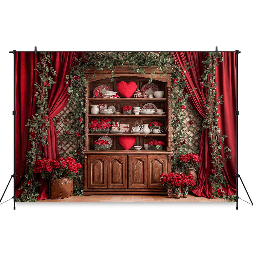 Valentine's Day red rose heart-shaped wooden cabinet banner shooting Backdrop, Valentine's Day adult portrait shooting Backdrop8