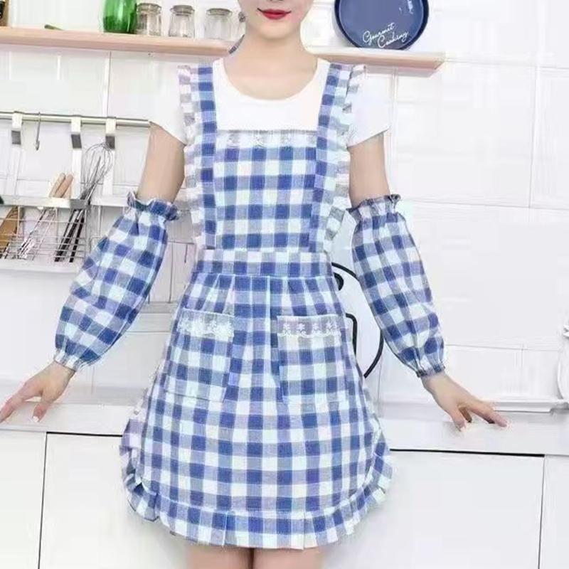  Stainprevent Blue Checkered Work Apron with Sleeve Protections Polyester Cotton Apron For Kitchen and Catering Services