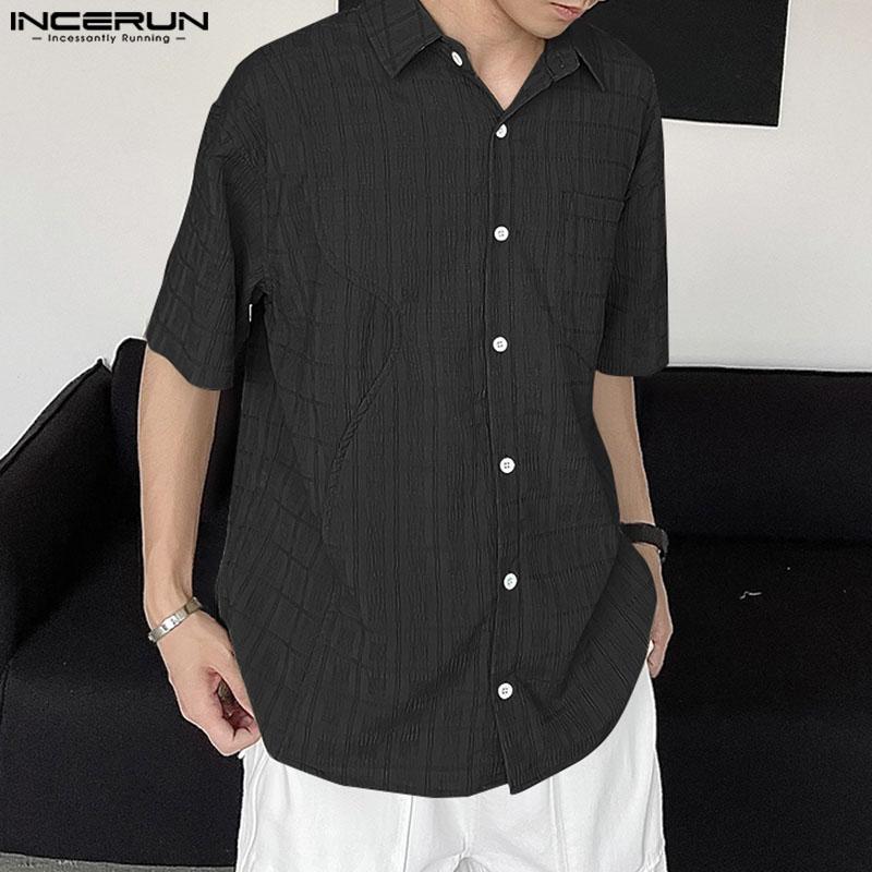 INCERUN Men Turn Down Collar Texture Shirts Plus Size Loose Tops