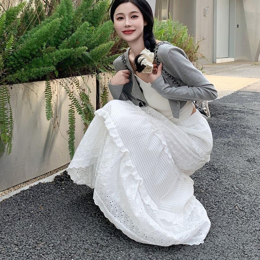 Women's Princess-Style White Lace Midi Skirt - A-line, Tiered, Flared, Spring/Summer Design
