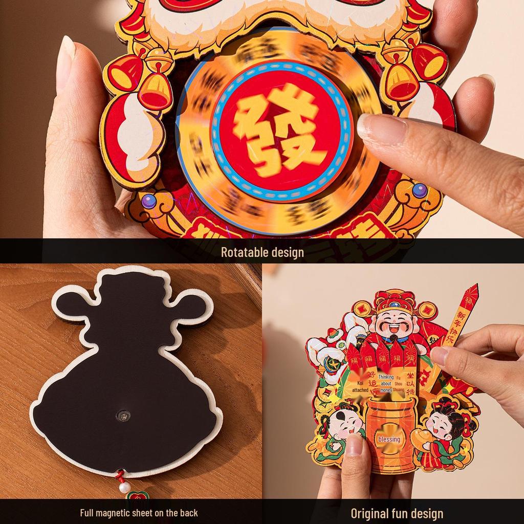 2026 Chinese Style God of Wealth Magnetic Rotating New Year Refrigerator Sticker Decoration