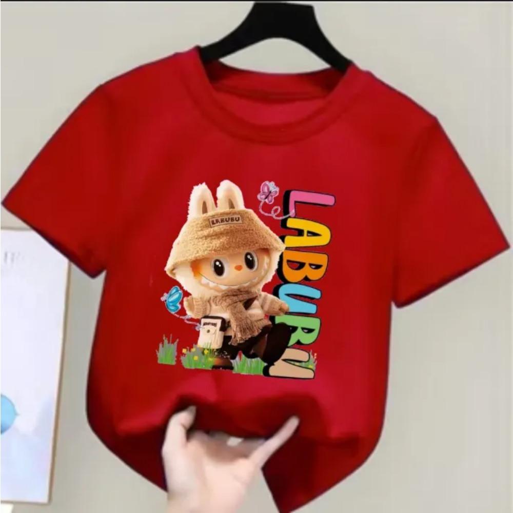 2025 Popular Children's T-shirt for Outdoor Outings LABUBU Printed Cartoon Style Round Neck Short Sleeved Cute Girl's Top