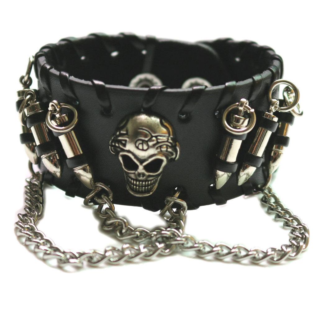 European-American Punk Skull Rivet Leather Men s Bracelet чёрный