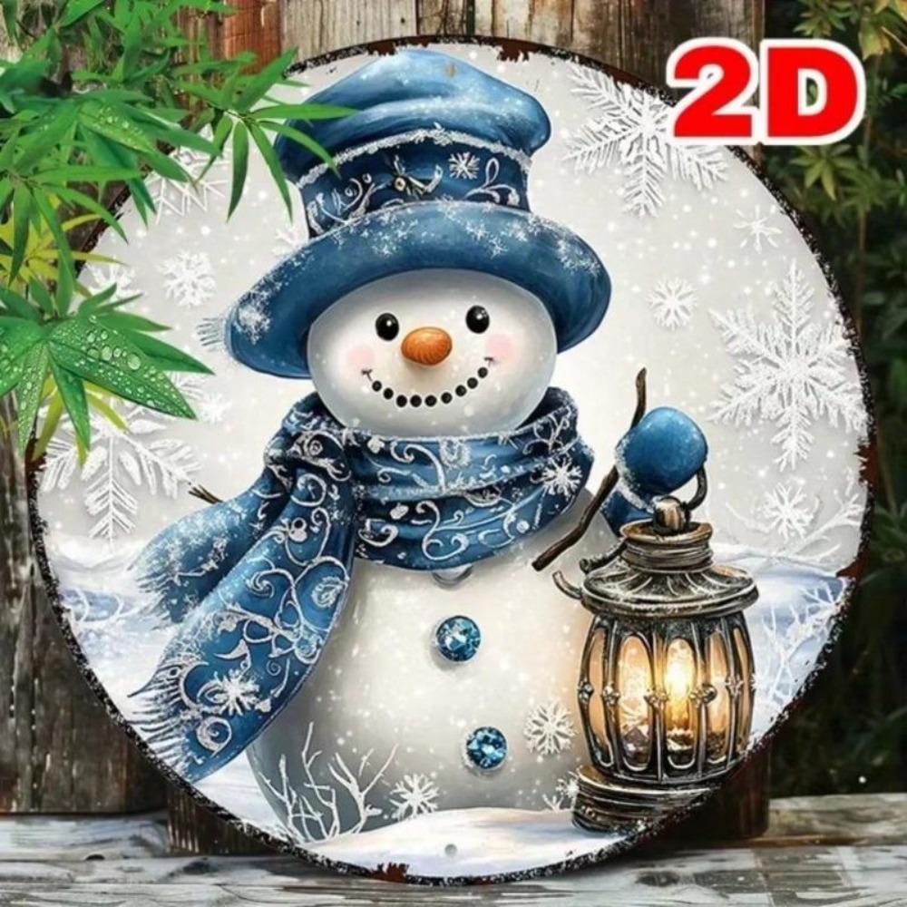 Metal Sign Christmas Snowman Wreath Blue White Festive Home Decor Gift
