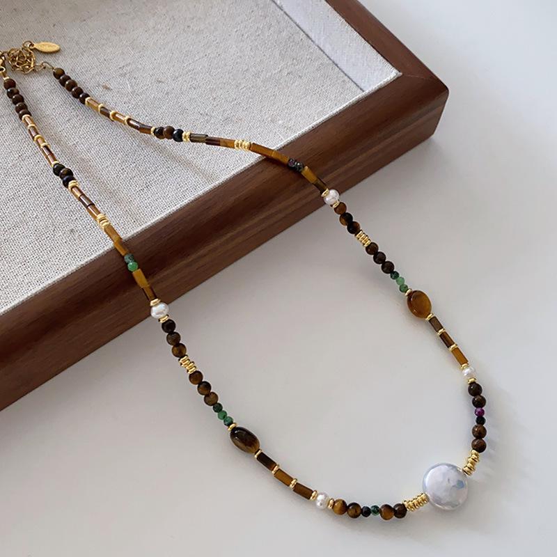 Natural Freshwater Pearl & Tiger Eye Bohemian Necklace - Autumn/Winter French Retro Clavicle Chain for Women