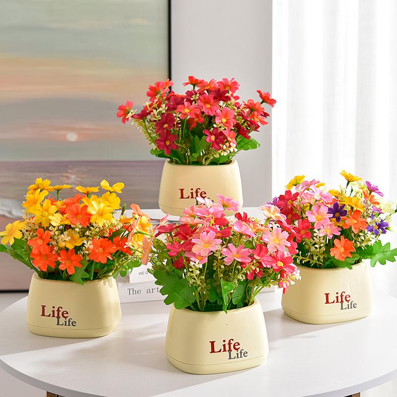 Living Room Decor: Artificial Sunflower and Green Plant Arrangements, Small Potted Plants, and Plastic Bouquets