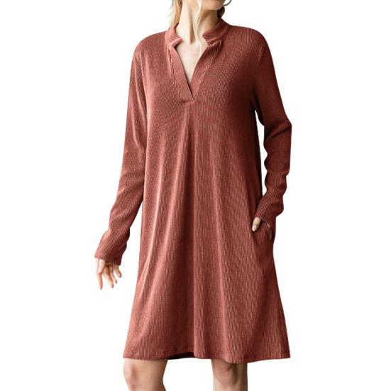 Women's Fall Winter Ribbed Knit Dress Casual Long Sleeve V Neck Mini Dress Loose Pullover Sweater Dress with Pockets