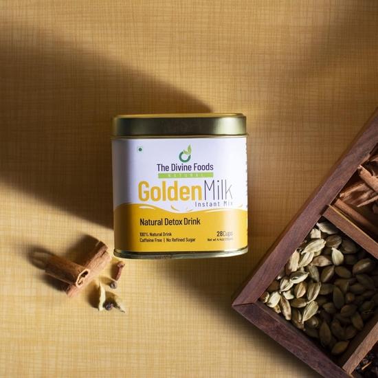 The Divine Foods Organic Golden Milk Latte, Natural Detox Drink DND, Haldi Milk, Antioxidant & Anti-Inflammatory High Curcumin, 28 Sachets, (125 Gm)