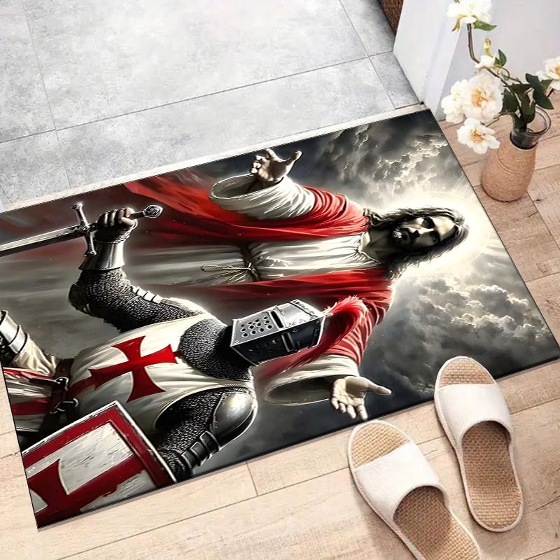 Cross Templars Knight Polyester Carpet, Soft Indoor Mat for Office Chair, Living Room, Computer Desk - Decorative Home Office Rug Design