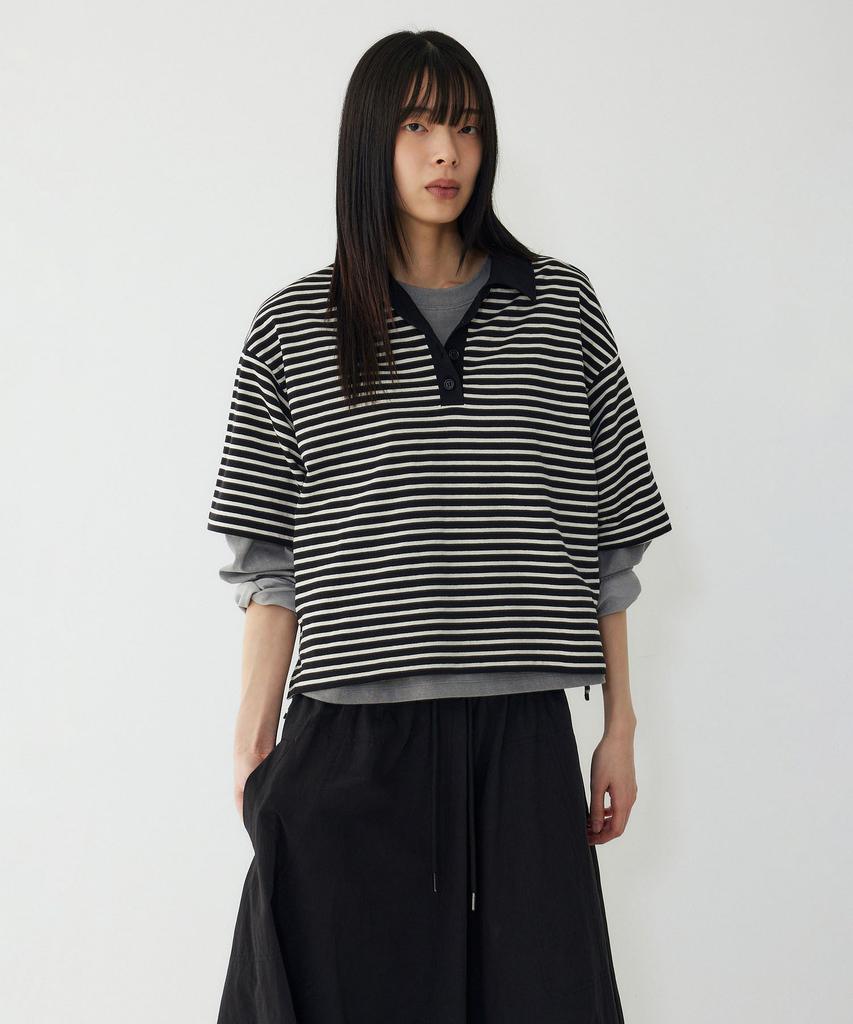 STUDIO TOMBOY Striped Collared Neck Short Sleeve T-Shirt_Black 9176222999
