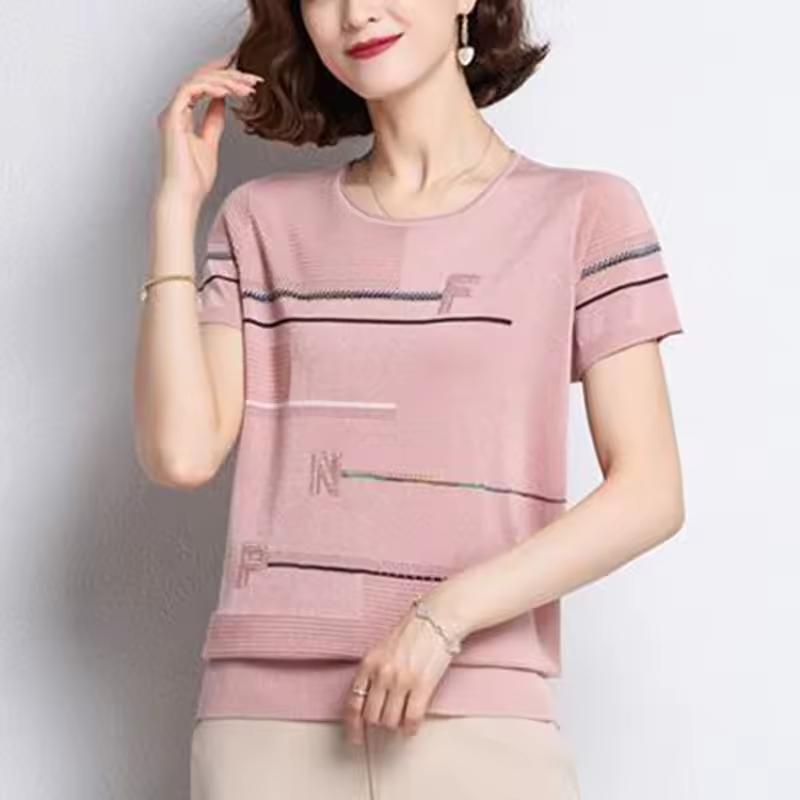 Women's Summer Ice-Silk Short-Sleeve T-Shirt; Loose-Fit, Shiny-Silk, Lightweight, Cropped Plus Size Knit Top for Moms